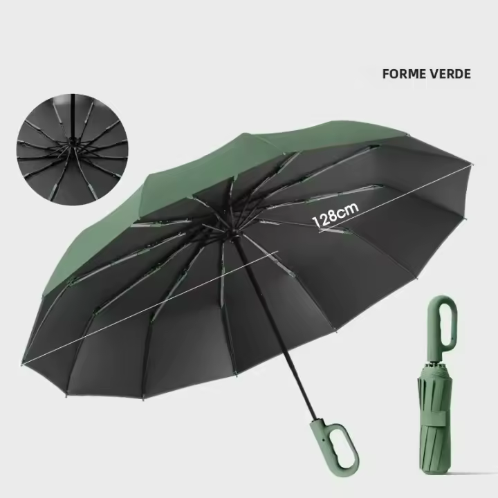 Paraguas Automático De Gran Tamaño 12 Dientes Con Hebilla De Anillo Resistente Al Viento Plegable Doble Propósito Para Adultos Negro - 1
