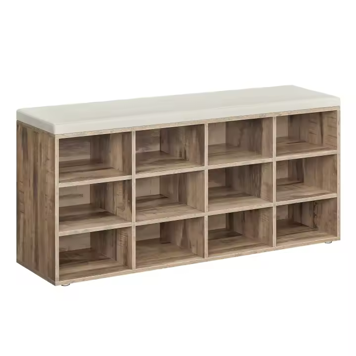 VASAGLE Banco Zapatero, Zapatero con Asiento, con Cojín y 12 Compartimientos, Estantes Ajustables, para Entrada, Sala de Estar, 30,3 x 104 x 48 cm, Blanco Clásico/Marrón Rústico/Marrón Camello/Beige Natural - 1