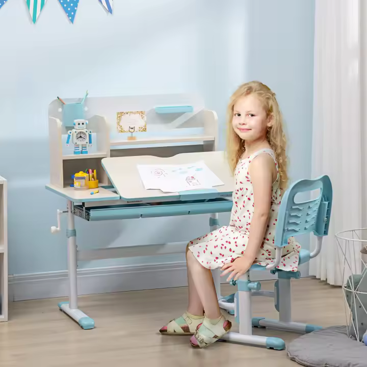 HOMCOM Juego de Escritorio y Silla para Niños de +3 Años con Altura Ajustable Pupitre Infantil con Tablero de Mesa Inclinable Cajón y Estantería para libros 80x52x88-109 cm y 35,5x44,5x66-80 cm - 1