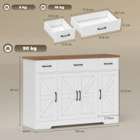 HOMCOM Aparador de Cocina Rústico, Armario de Cocina con 4 Estantes de Puerta, 3 Cajones, Estantes Ajustables, Puerta con Cierre Suave, Mueble de TV para 48-55 Pulgadas, 120x38x87 cm, Blanco y Nogal - details 2