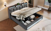 Cama tapizada con USB 140x200 cm, Cama Doble LED con somier de metal, somier Juvenil de Material de Lino (con colchón) - details 2