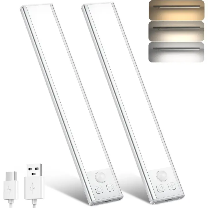 Luz de Armaro con Sensor Movimiento, 20,5 CM Recargable Luz Nocturna con Temperatura de 3 Colores, Regulable Lampara LED Adhesiva para Gabinete, Pasillo, Escalera, Sótano, Cocina, Garaje-2PCS - 1