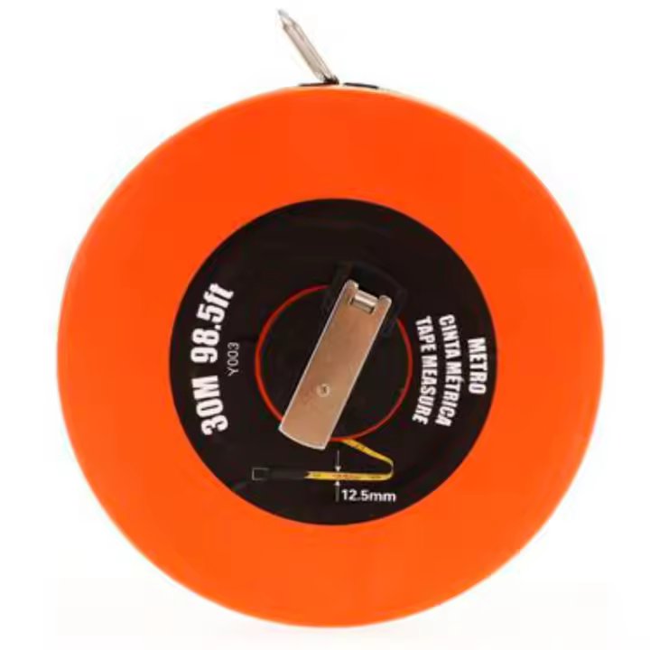 Tradineur - Cinta métrica con funda redonda de plástico, incluye anilla y manivela para enrollar, fibra de vidrio, anchura de 12,5 mm, versátil, bricolaje - 30 metros - 1