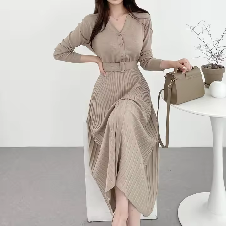 Vestido De Suéter Tejido Para Mujer Estilo Vintage A-Line Cuello V Manga Regular Botones Mid-Calf Talla Suave Otoño Invierno - 1