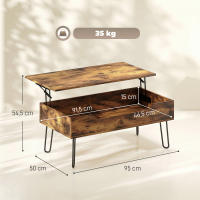 HOMCOM Mesa de Centro Elevable, Mesa de Café para Salón con Compartimento Oculto, Patas de Acero para Sala de Estar, Comedor, 95x50x40 cm, Marrón Rústico - details 2