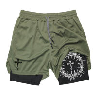 Shorts De Entrenamiento Para Hombre Con Estampado Cruzado Y Bolsillo Para Teléfono Y Anillo De Toalla 2 En 1 Ropa Deportiva Cristiana Para Correr En La Pista De Gimnasio - details 16