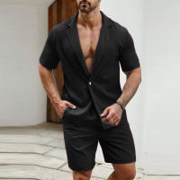 Incercun Conjunto De Hombre 2024 Casual Estilo Callejero Blazer Corto Y Shorts Color Sólido Cierre De Botón Unico Primavera Verano Polyester - details 2