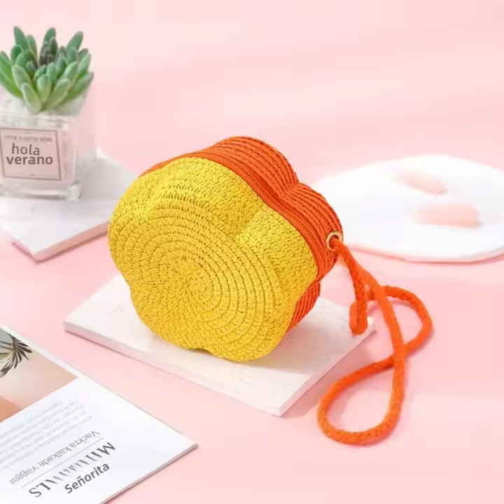 Bolso Bandolera De Paja Con Flor Trenzada Para Niños Bolsa De Hombro Bicolor Bolso De Playa Monedero Forma De Sombrero - 1