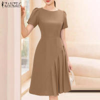 Vestido Elegante De Verano ZANZEA Para Mujer Con Manga Corta Vestido De Fiesta A-Line Solido Pleated Tratamiento De Cierre Pullover Estilo Oficina Lady - details 1