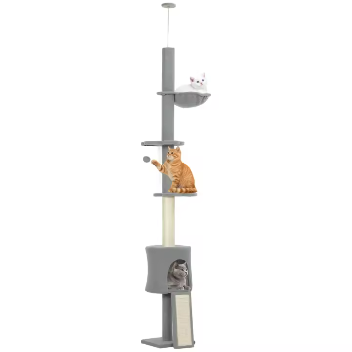 PawHut Árbol para Gatos de Suelo a Techo, Altura Ajustable de 220-240 cm, Torre para Gatos con Hamaca, Plataformas en Flor, Cuevas, Rampa y Bola, Gris Claro - 1