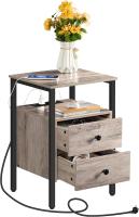 Bedside Table, Coffee Tables with Plug and USB Port, Side Table with Drawers and Storage Shelves, Suitable for Living Room, Bedroom, Greige - details 1