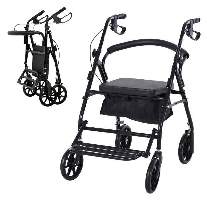 Homcom folding walker for the elderly, adult walkers for the elderly with padded seat and 4 wheels, height-adjustable ergonomic handle, lever brakes, basket, footrest, black