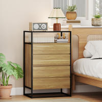 HOMCOM Cómoda 4 Cajones, Cómoda Dormitorio con Superficie de Vidrio Templado, Estante Abierto, Estructura de Acero, Cajonera para Salón, Oficina, 60x40x94,5 cm, Teca - details 1
