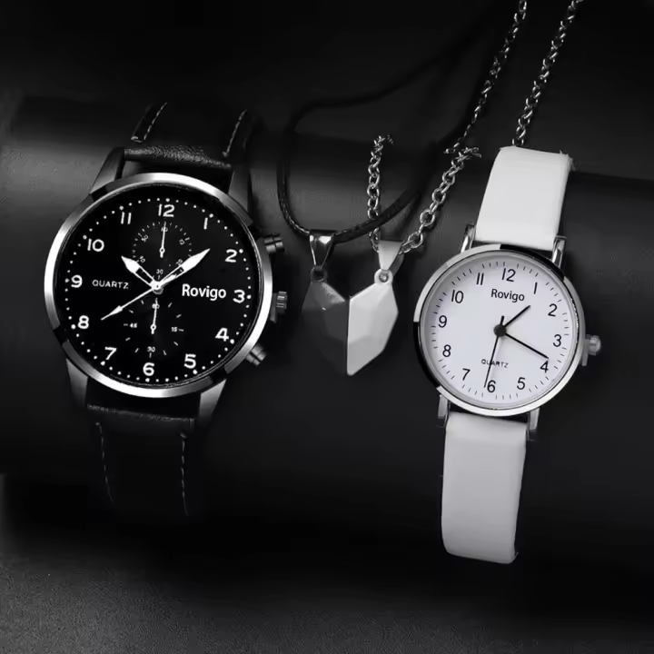Juego De 4 Relojes De Cuarzo Para Hombres Y Mujeres Con Colgante De Amor Versátil Y Creativo Conjunto De Reloj Y Collar De Pareja Moda Casual - 1