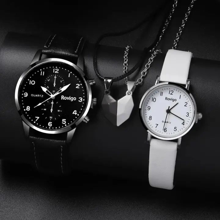Juego De 4 Relojes De Cuarzo Para Hombres Y Mujeres Con Colgante De Amor Versátil Y Creativo Conjunto De Reloj Y Collar De Pareja Moda Casual - 1