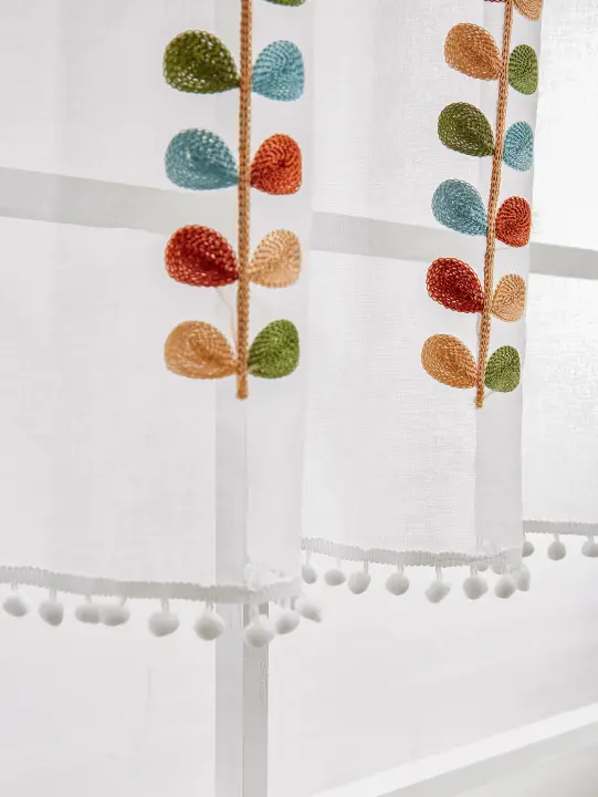 Cortinas Voile Semitranslúcidas De Cocina Con Bordado De Ramas En Cuatro Colores Cortina Térmica De Media Ventana Con Bolsa De Roda Para Cocina - 1