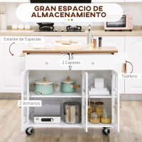 HOMCOM Carro de Cocina Isla de Cocina con Ruedas Multifuncional con 2 Cajones 3 Puertas de Vidrio Templado Toallero y Especiero 124,5x39,5x90 cm Blanco - details 3
