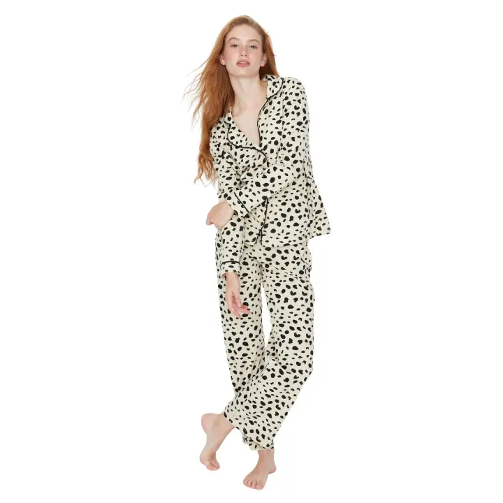Trendyol Mint 100% Cotton Leopard Patterned Shirt-Pants Knitted Pajamas Set Thmaw21Pt0489 - 1