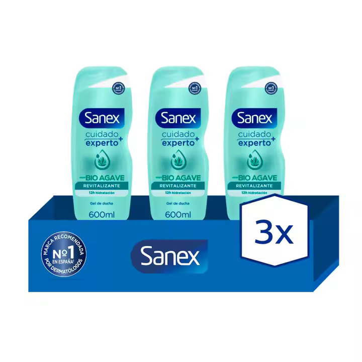 Gel de ducha o baño Sanex Natural Prebiotic de Bio Agave revitalizante 600ml. Pack 3 - 1