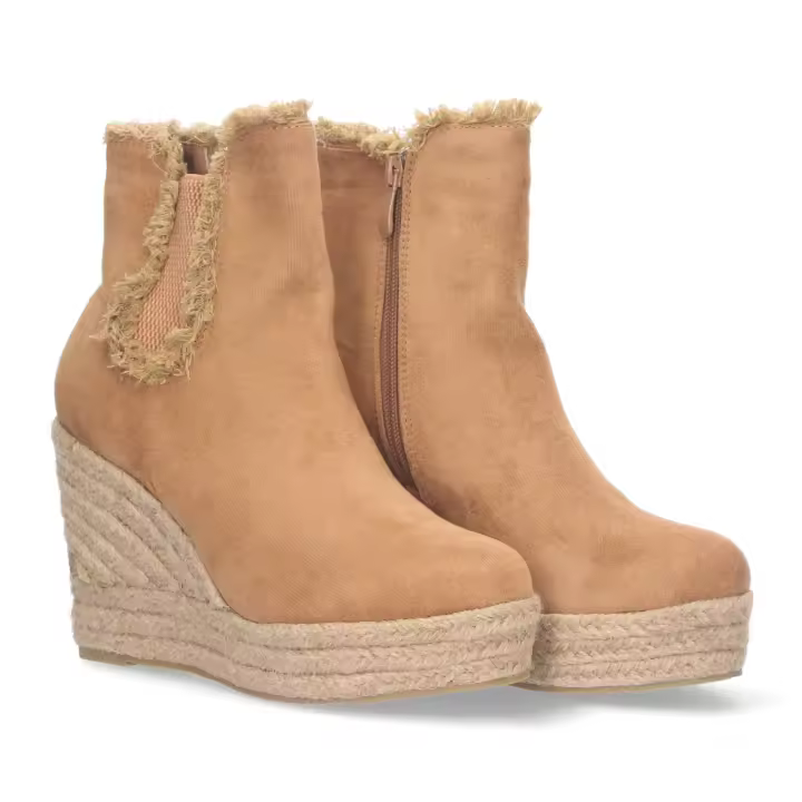 Davinia Shoes Botin de cuña de yute para mujer, material aterciopelado y elastico, cierre de cremallera. Shoes&Blues.es AA-17-Camel - 1