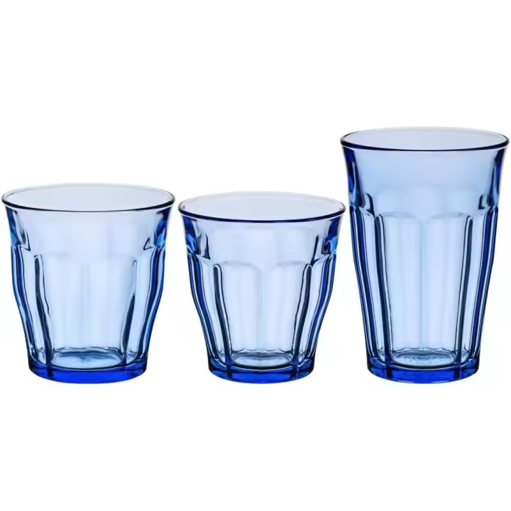 AMYMARK - Juego de 18 vasos Duralex® Azul – 25 cl, 31 cl, 36 cl, cristal de agua, jugo de soda y cóctel – vidrio templado ultra resistente, compatible con lavavajillas, fabricado en Francia - 1