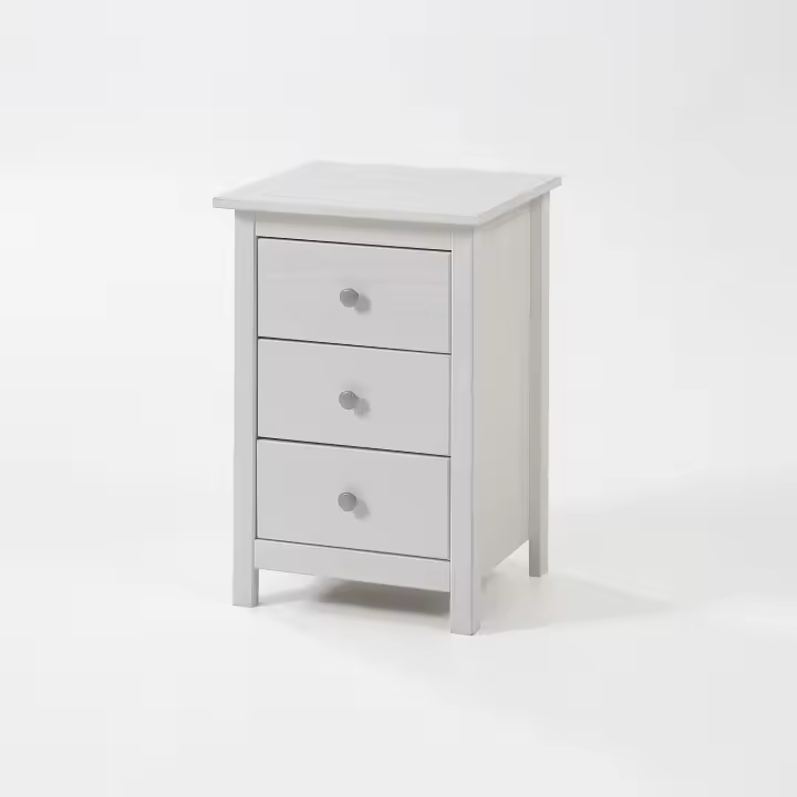 Mesita 3 cajones , pino macizo, Moblit, serie Alme blanco, medidas: (63x43x35) cm ( altoxanchoxfondo), color blanco lavado. - 1