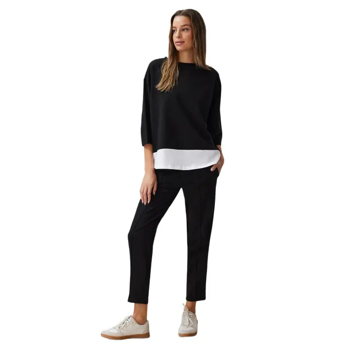 Trendyol Grey Melange Relaxed Pattern Woven Garni Detailed Knitted Blouse Trousers Bottom-Top Set Twoss24Au00069 - 1