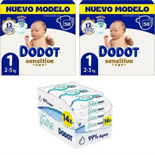 Pack Dodot Sensitive talla 1 (2-5kg) 116 pañales + 672 (14X48) Toallitas Dodot Aqua Pure 99% Aqua - Pack AHORRO - 1