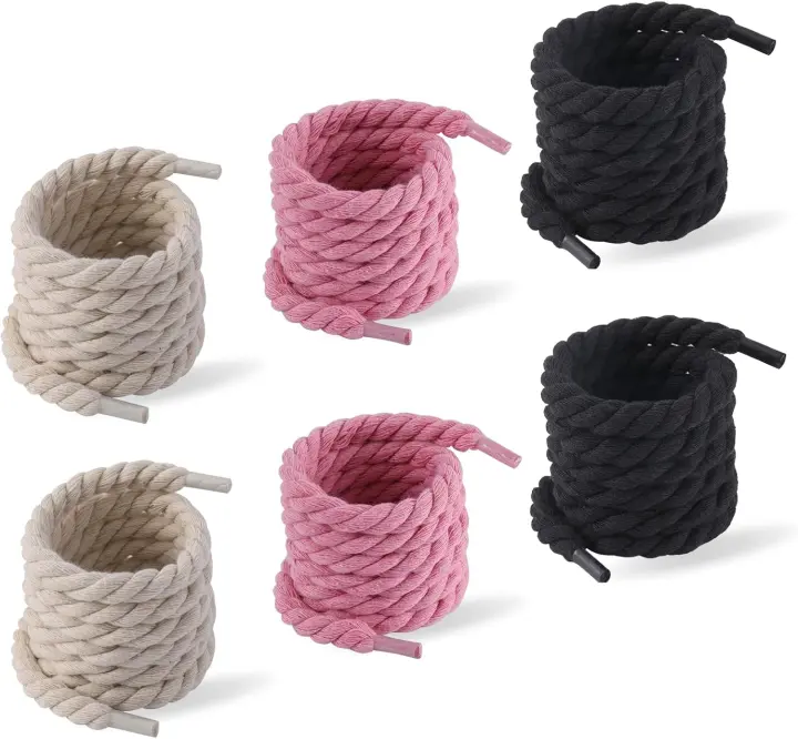 3 pares de cordones de cuerda, cordones gruesos anchos de 8 mm, redondos, 160 cm, cordones de cuerda gruesa para zapatos deportivos, zapatillas de deporte, Negro, beige, rosa, talla única - 1