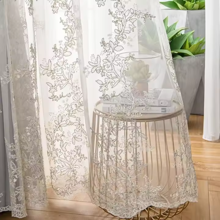 Cortinas De Encaje Bordado Estilo Princesa Para Sala De Estar Comedor Dormitorio Translúcidas De Poliéster 100% Un Panel - 1