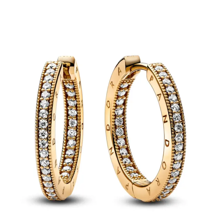 Pandora Pendientes de aro Pandora Signature con un recubrimiento en oro de Logo & Pavé 262738C01 , para Mujer - 1