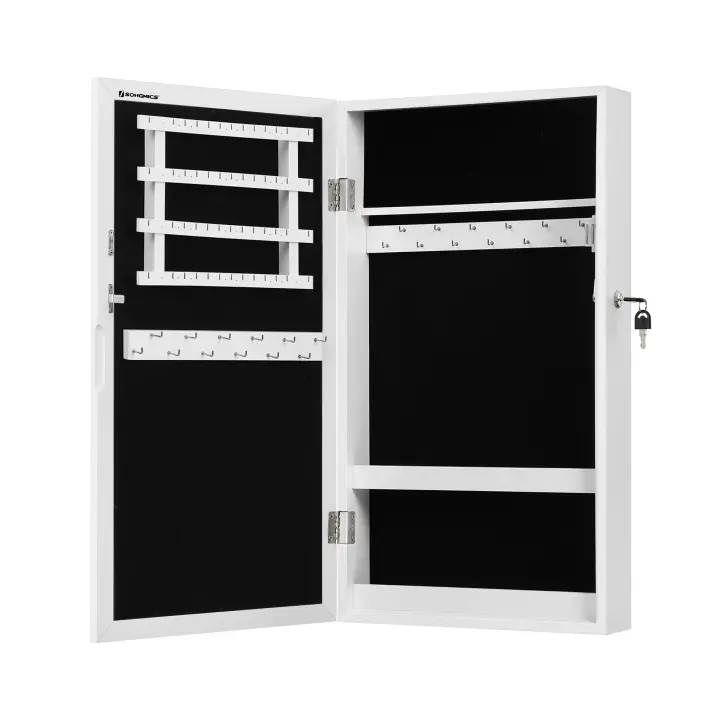 SONGMICS Armario Joyero de Pared, Armario de Joyas con Espejo, Organizador de Joyas para Ahorrar Espacio, Superficie Blanca y Forro Greige/Negro/Superficie Marrón Rústico y Forro Negro - 1