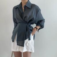 Camisa Casual Para Mujer Suelta Con Cinturón Y Cuello En V Vintage De Manga Larga Transpirable Para Oficina Y Uso Diario - details 11