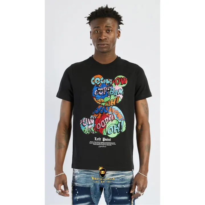 Camiseta Left Point Negra Pedrería Brillante Oso Colorido - 1