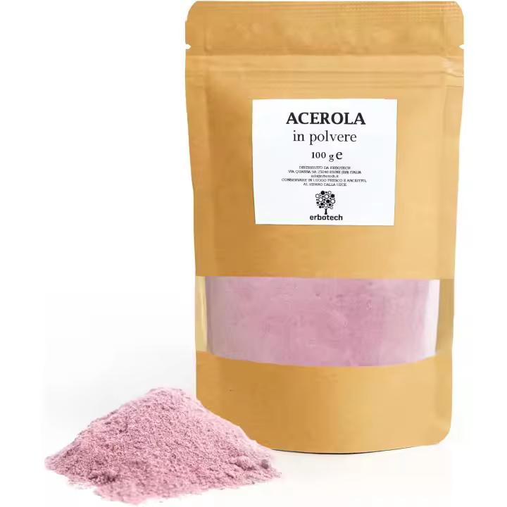 Erbotech, Acerola en Polvo, 100g, Fuente Natural de Vitamina C, Antioxidante, 100% Vegano, Sin Conservantes, Ideal para Reforzas Vitamínicos, Apto para Gripes y Convalecencias, Hecho en Italia, Bolsa Resellable - 1