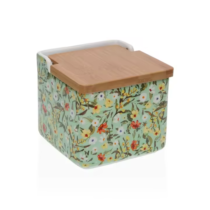 Salero Avalon Cerámica Verde Florecillas Multicolor y Tapa Bambú Luci (12x12x11,5 cm ) - 1