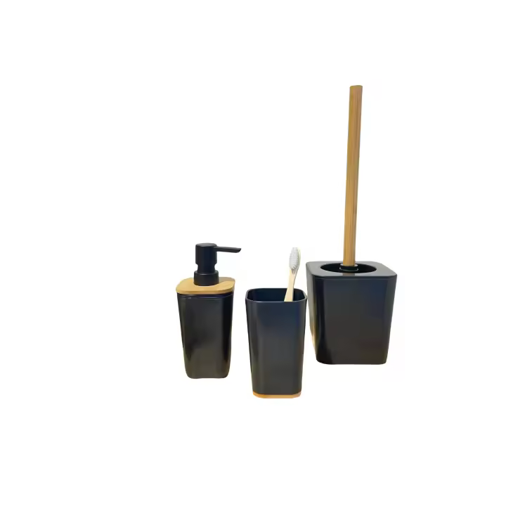 Baños Boutique Juego de 3 Piezas Accesorios de Baño de Bambú - Dispensador de Jabón, Vaso para Cepillo de Dientes y Escobilla para Inodoro - Estilo Nórdico Negro - 1