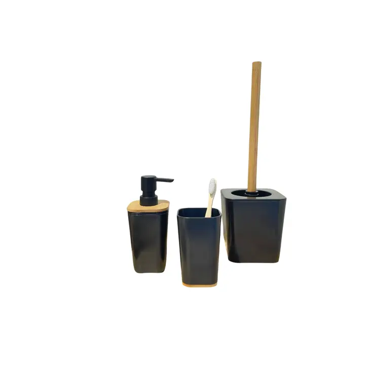 Baños Boutique Juego de 3 Piezas Accesorios de Baño de Bambú - Dispensador de Jabón, Vaso para Cepillo de Dientes y Escobilla para Inodoro - Estilo Nórdico Negro - 1