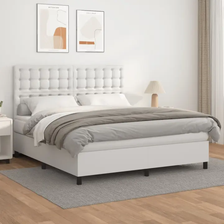 vidaXL Cama box spring con colchón cuero sintético blanco 180x200 cm - 1