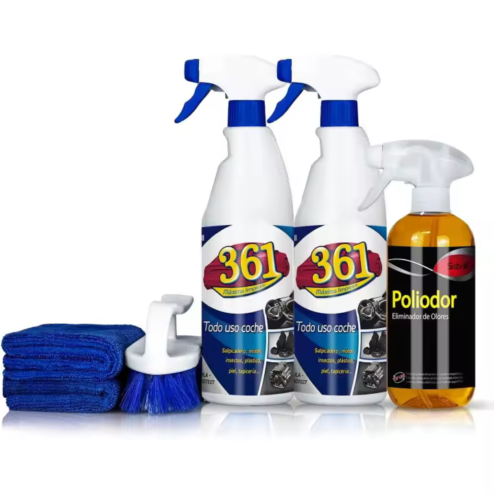 Sisbrill Kit Tapicerías. Limpia y desodoriza Sofas de Coche, Alfombrillas, Textil. 2x750 ml de 361 + 1x500 ml de Poliodor + 1 Cepillo Profesional + 2 microfibras. - 1