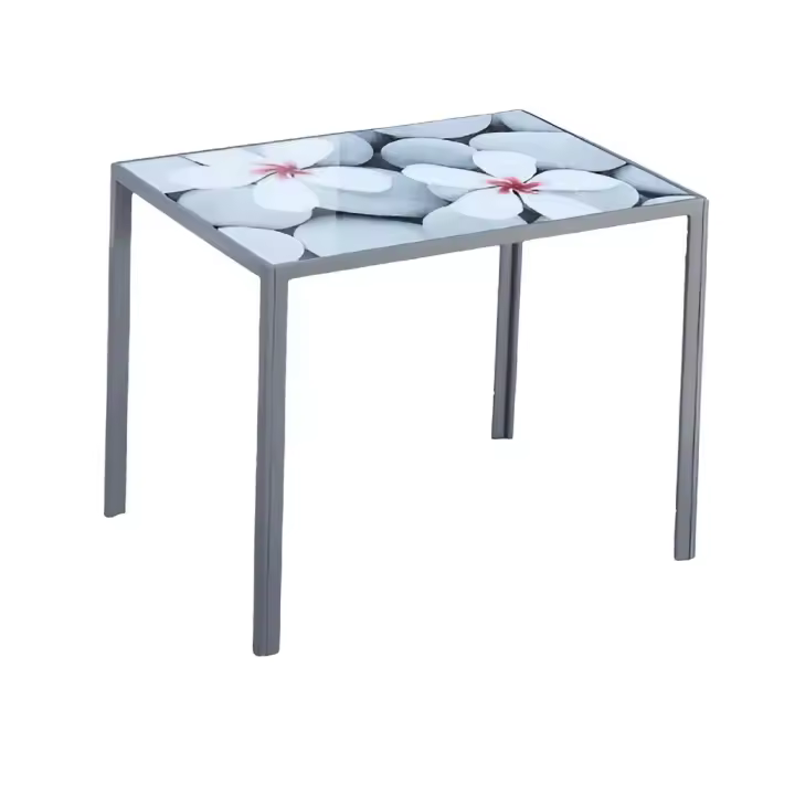 Mesa de cocina fija con tapa de cristal con impresión de flores - 1