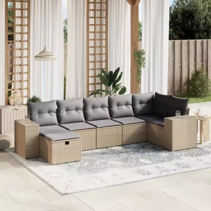 vidaXL Juego de sofás jardín con cojines beige mezcla 7 pzas ratán PE - 1