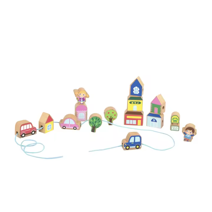 Iwood - Ciudad de Juguete de Madera con 15 Piezas para Reconocimiento de Formas, Colores y Objetos - 1