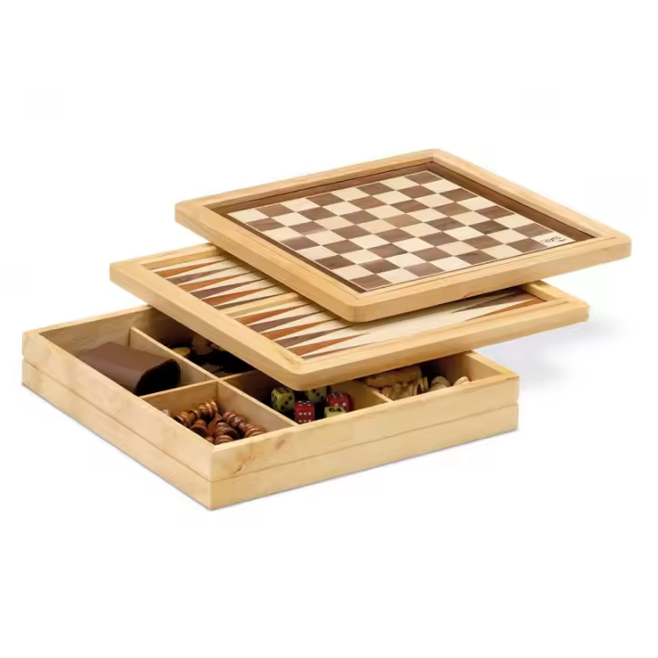 Tablero Ajedrez-Damas-Backgammon Marqueteria. 31x31cm. Madera natural - 1