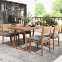 Juego de Mesa de Comedor de Exterior de 5 Piezas para 4, Respaldo de Silla de Ratán PE, Tabla de Mesa y Sillas de Madera de Acacia, Patio de Jardín - details 5