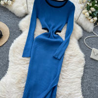 Vestido De Punto Para Mujer REALEFT Otoño Invierno Con Abertura Lateral Y Cuello Redondo Manga Larga Solido Vestido Recto De Oficina - details 13