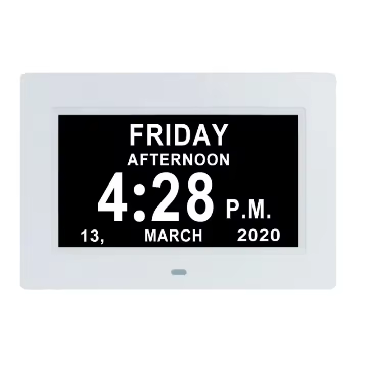 Reloj con pantalla IPS de 7 pulgadas con día y fecha para personas mayores - Reloj despertador con calendario digital con pantalla de 3 colores para demencia Reloj para la enfermedad de Alzheimer con pantalla extra grande, atenuación automática, se pueden - 1