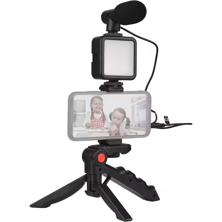 IPSDI Kit de Video para Smartphone con Micrófono, Luz LED, Soporte y Trípode Compatible con iPhone, Samsung, Huawei, para Youtube, TikTok, Vlog en Vivo - 1