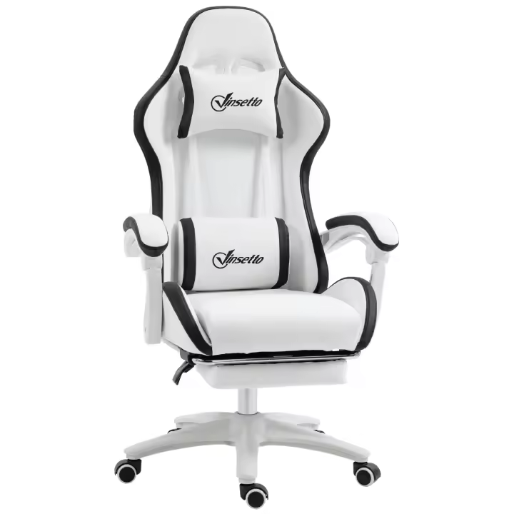 Vinsetto Silla Gaming Silla Gamer Racing de Cuero PU con Altura Ajustable Reclinable 135° Reposacabezas y Reposapiés Retráctil para Oficina Estudio 65x65x121-129 cm Blanco - 1