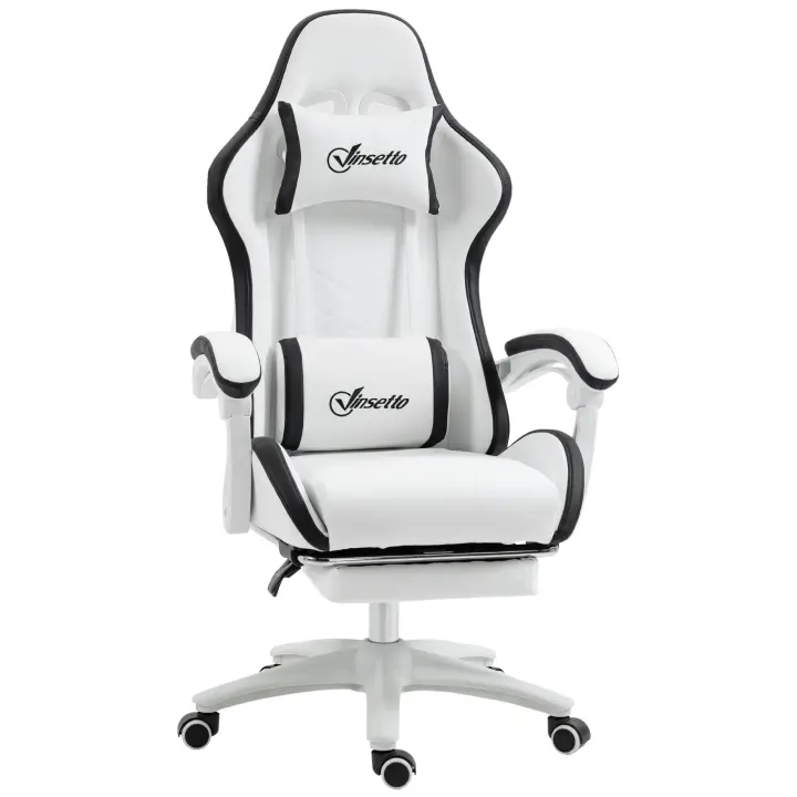 Vinsetto Silla Gaming Silla Gamer Racing de Cuero PU con Altura Ajustable Reclinable 135° Reposacabezas y Reposapiés Retráctil para Oficina Estudio 65x65x121-129 cm Blanco - 1